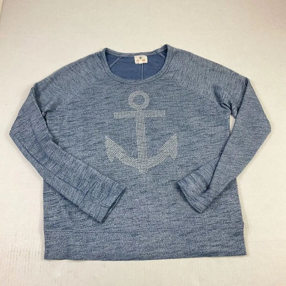 Sundry Womens Anchor Top Blue Long Sleeve Stretch Knit Crew Neck Shirt Size 0 XS
